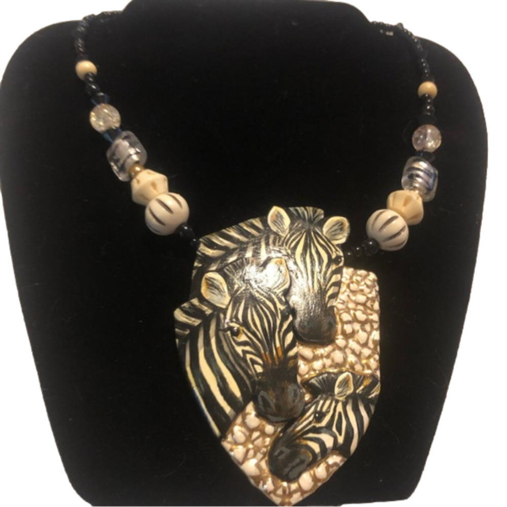 VTG Ceramic Zebra Pendant w Bone & Glass Beads 18” Necklace 4” Pendant